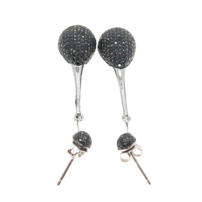 925 Sterling Silver Round-Cut Black C Z Drop Dangling Earrings