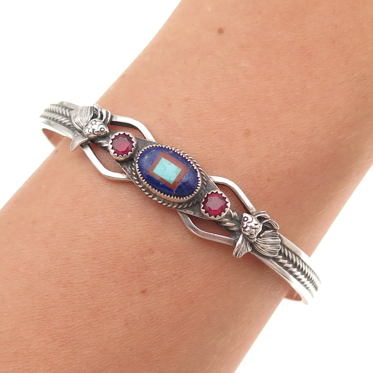 Aldrich 925 Sterling Silver Vintage Real Multi-Gem Adjustable Cuff Bracelet 6"