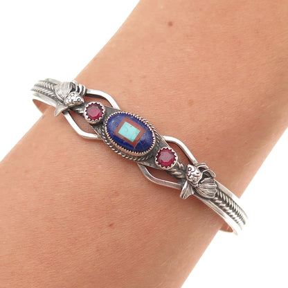 Aldrich 925 Sterling Silver Vintage Real Multi-Gem Adjustable Cuff Bracelet 6"