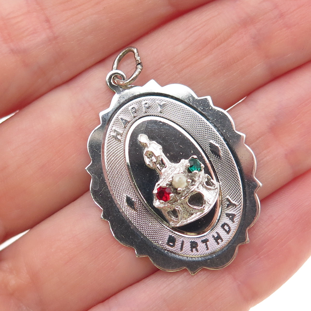 Town & Country 925 Sterling Vintage Faux Pearl Rhinestone Happy Birthday Pendant