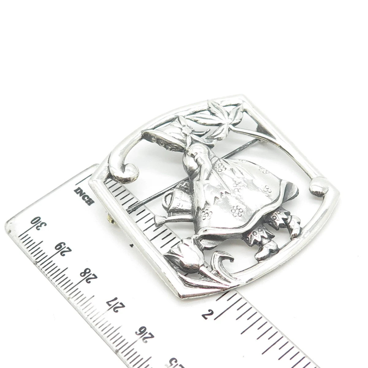 925 Sterling Silver Vintage Girl & Floral Pin Brooch