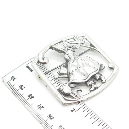 925 Sterling Silver Vintage Girl & Floral Pin Brooch