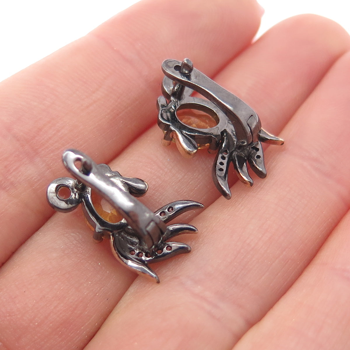 925 Sterling Silver Black Rhodium 2-Tone Vintage Real Citrine & C Z Earrings