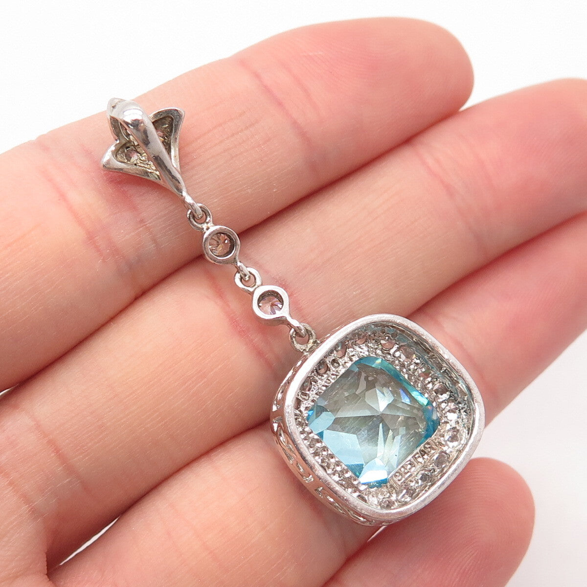 925 Sterling Silver FAS Apatite & C Z Cushion Shape Dangling Pendant