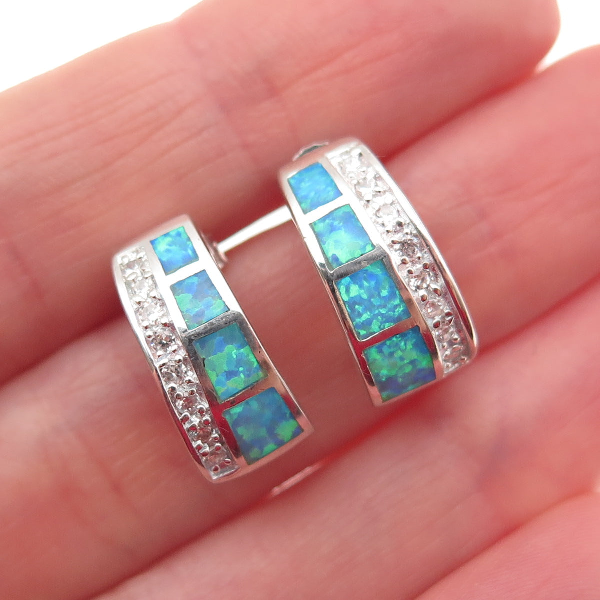 Anne Klein 925 Sterling Silver Vintage Real Opal & C Z Hoop Earrings