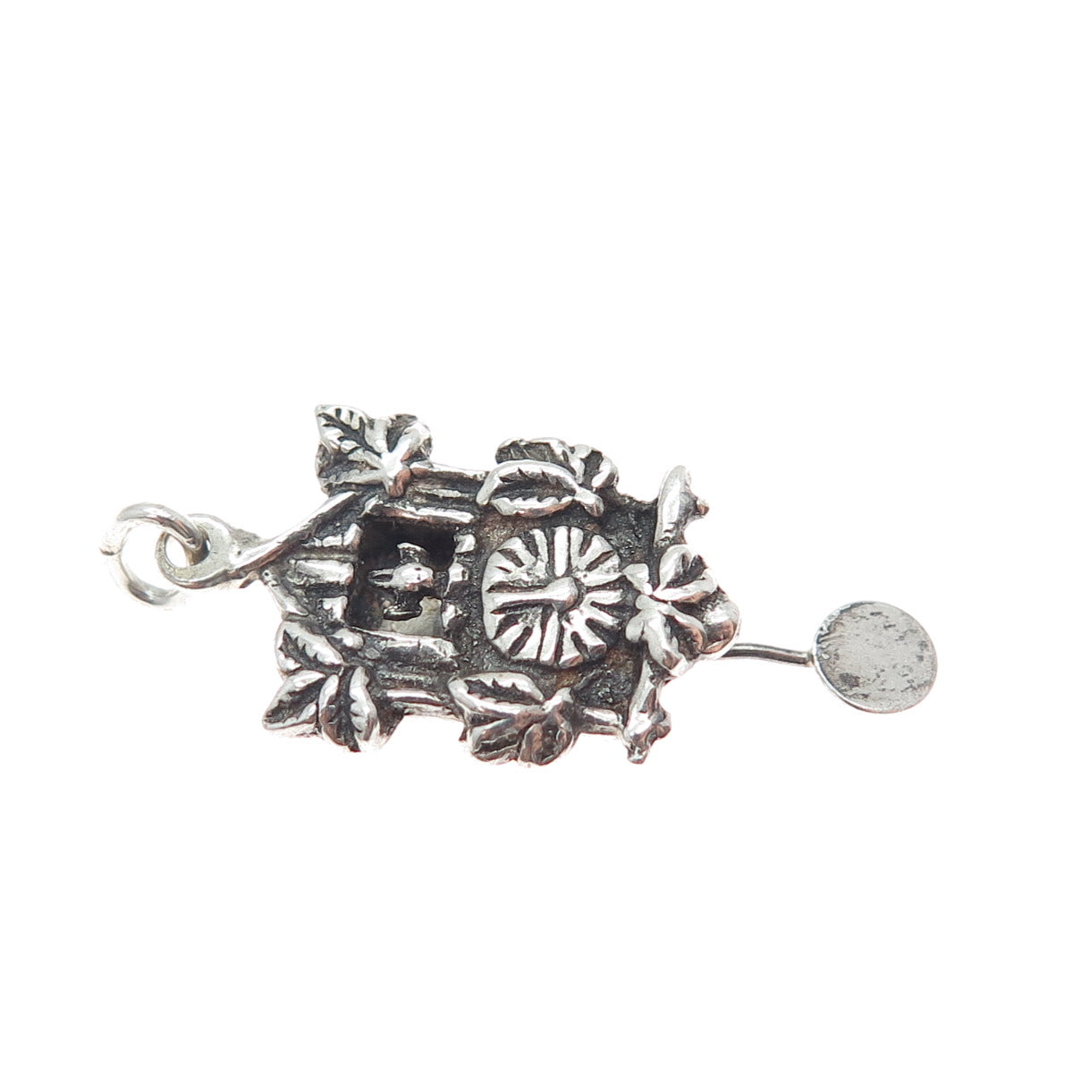800 Silver Antique SP Cuckoo Clock Oxidized Minimalist Movable Charm Pendant