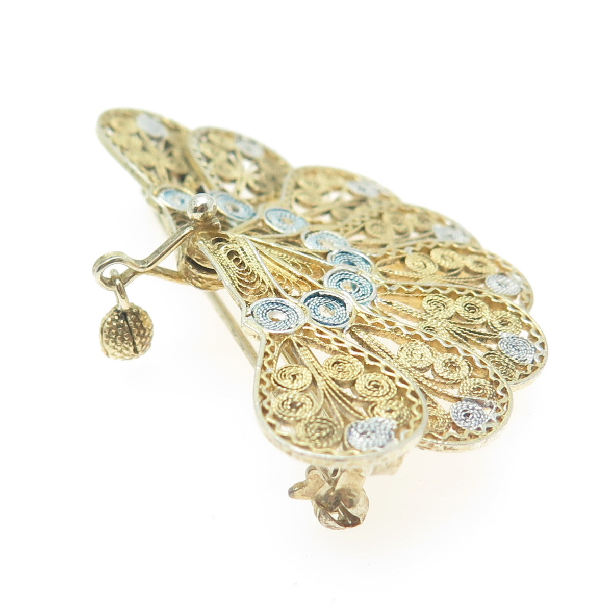 800 Silver Vintage Gold Plated Enamel Filigree Peacock Fan Pin Brooch