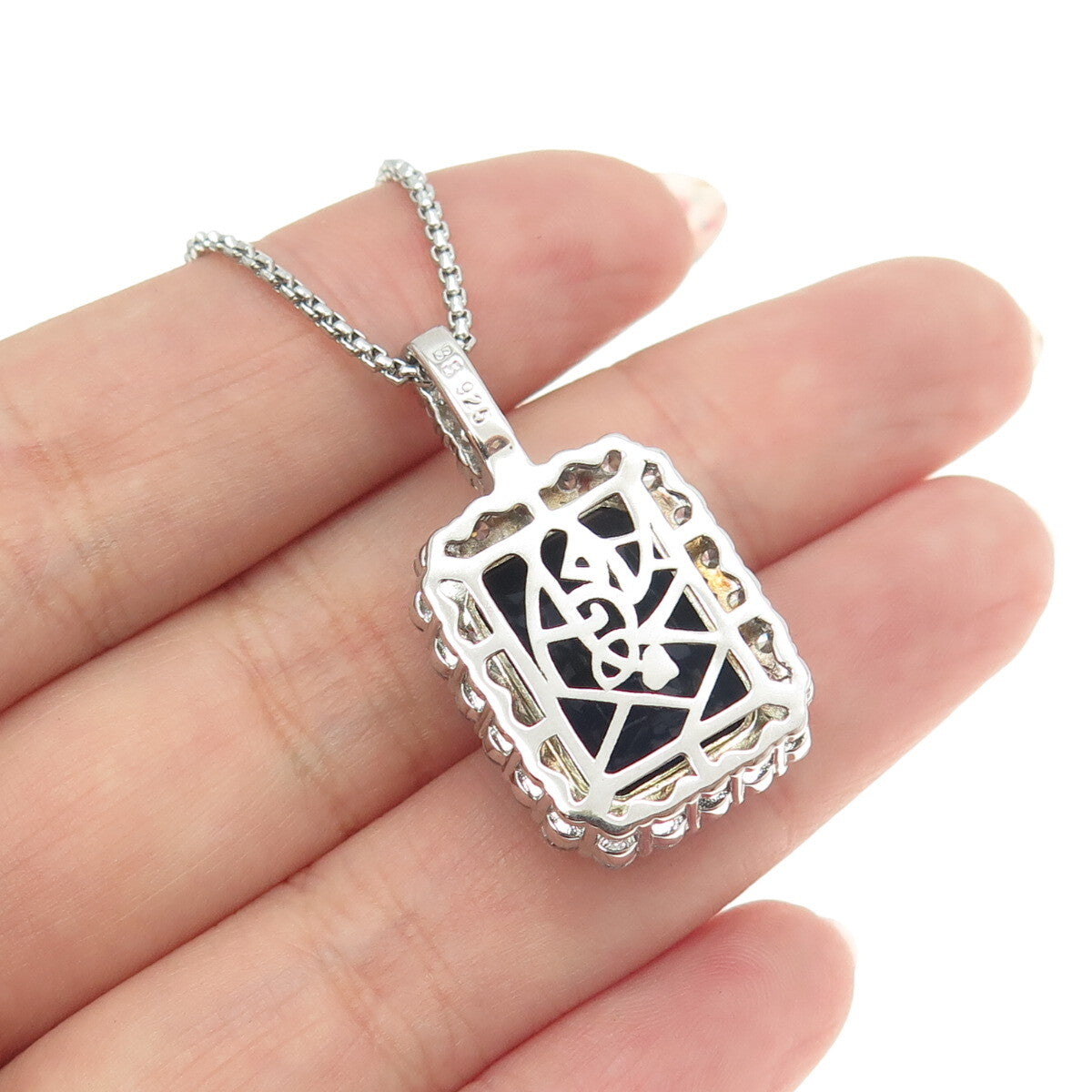 925 Sterling Silver Blue Glass & White C Z Round Box Chain Necklace 16"