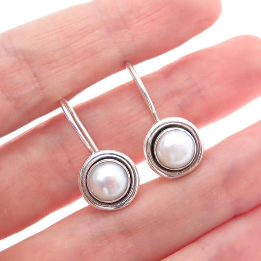 925 Sterling Silver Vintage Real Pearl Modernist Oxidized Drop Earrings