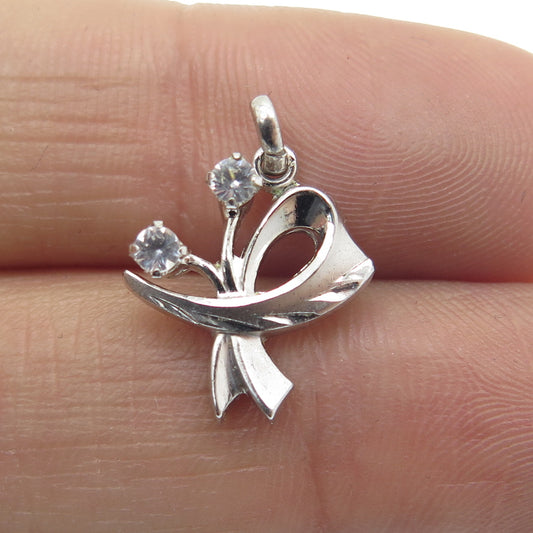 925 Sterling Silver Antique Art Deco Real White Topaz Bow Minimalist Pendant