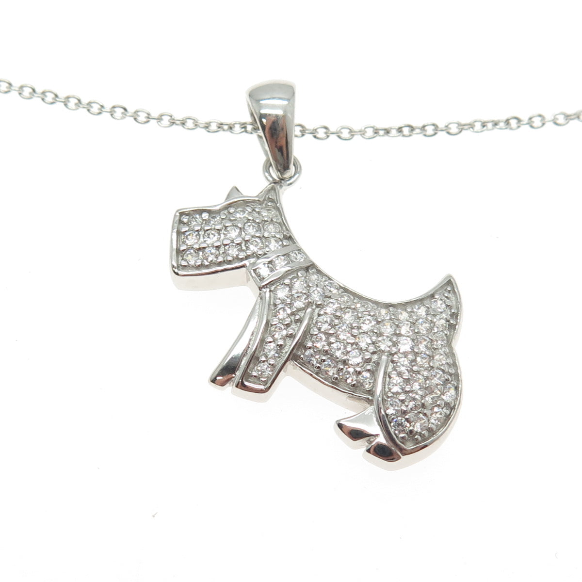 925 Sterling Silver Pave C Z Terrier Dog Pendant Rolo Chain Necklace 18"