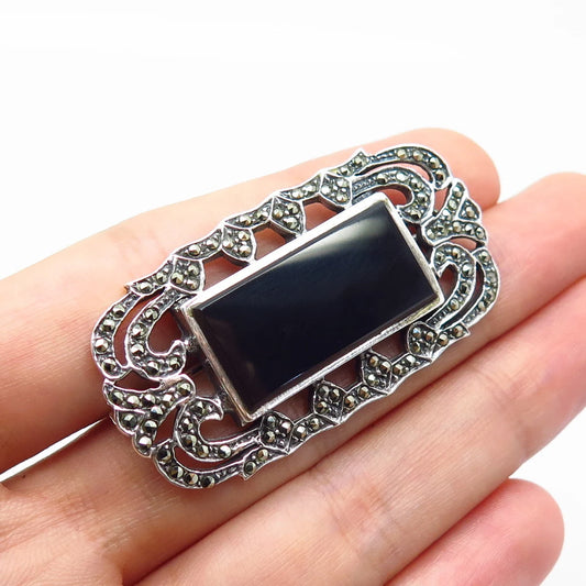 925 Sterling Silver Vintage Real Black Onyx & Marcasite Gem Ornate Pin Brooch