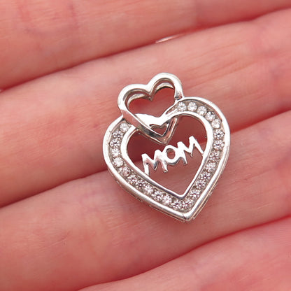 925 Sterling Silver Round-Cut C Z Mom Heart Slide Charm Pendant