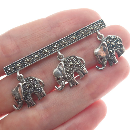 925 Sterling Silver Vintage Real Marcasite & Red Garnet 3-Elephant Pin Brooch