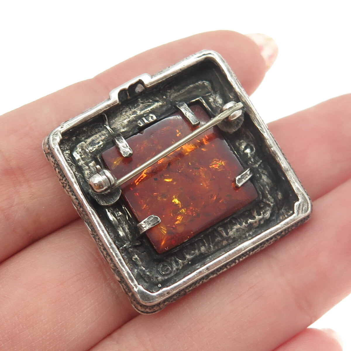 N. GAITARA 925 Sterling Silver Vintage Amber Floral Frame Pin Brooch