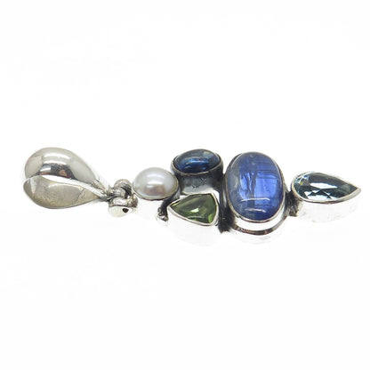 925 Sterling Silver Vintage Real Pearl Peridot Sapphire Blue Topaz Gem Pendant