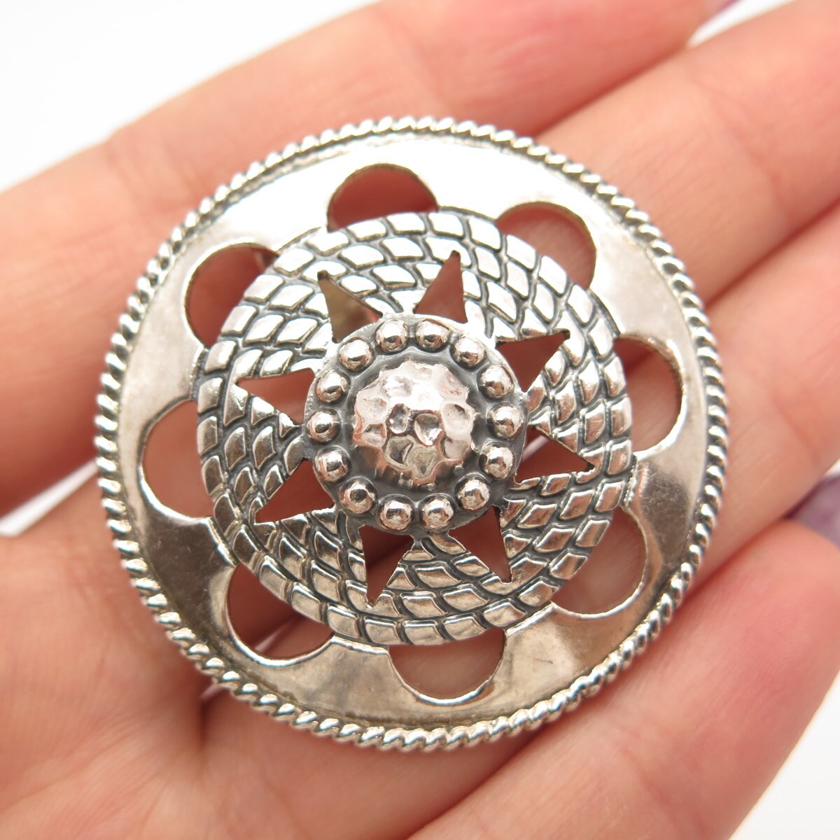 925 Sterling Silver Vintage Mexico MWS Beaded Cutout Slide Pendant