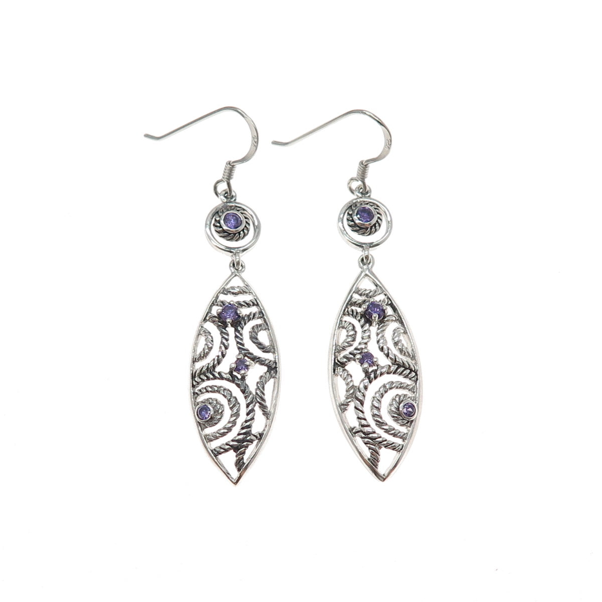 925 Sterling Silver Vintage Real Amethyst Ornate Oxidized Dangle Earrings