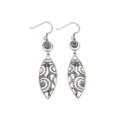 925 Sterling Silver Vintage Real Amethyst Ornate Oxidized Dangle Earrings