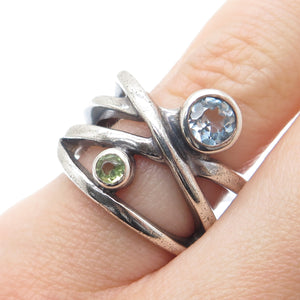 925 Sterling Silver Vintage Real Blue Topaz & Peridot Crisscross Ring Size 6.25