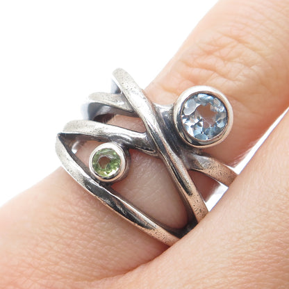 925 Sterling Silver Vintage Real Blue Topaz & Peridot Crisscross Ring Size 6.25