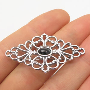 925 Sterling Silver Vintage Real Black Onyx Gem Ornate Pin Brooch