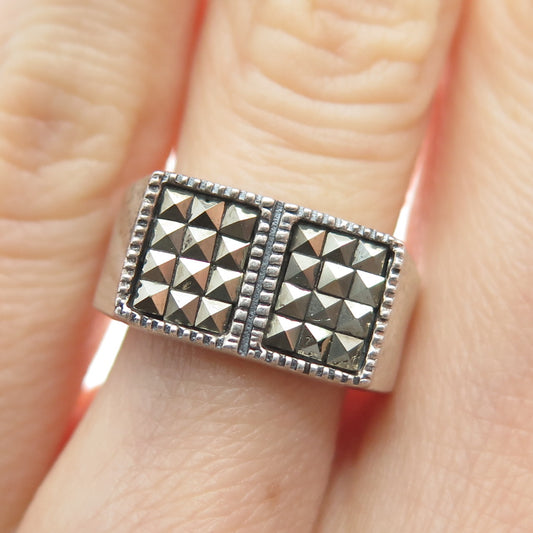 925 Sterling Silver Vintage Real Marcasite Gemstone Oxidized Ring Size 6