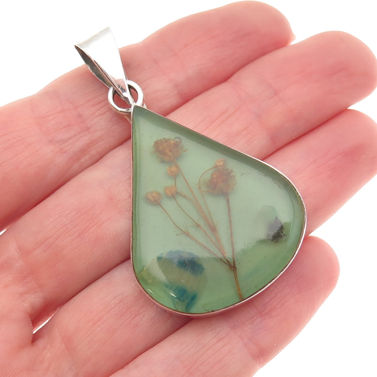 925 Sterling Silver Vintage Mexico Enamel Pressed Flowers Teardrop Pendant
