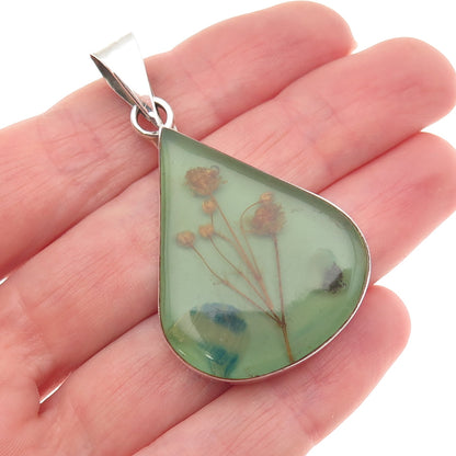 925 Sterling Silver Vintage Mexico Enamel Pressed Flowers Teardrop Pendant