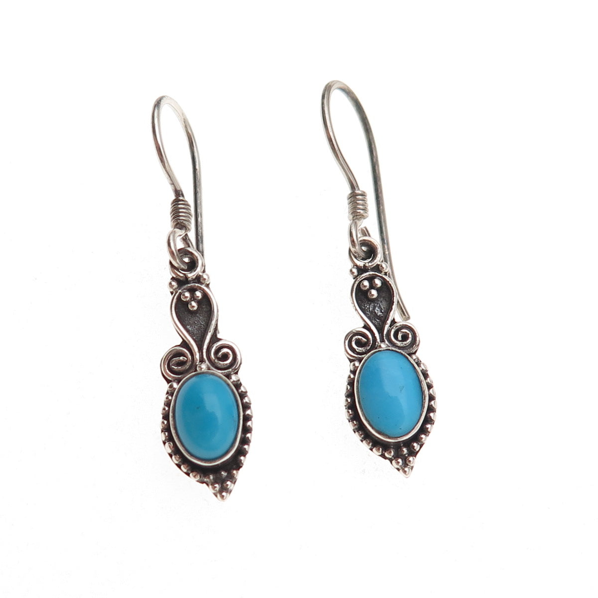 925 Sterling Silver Vintage Real Bisbee Turquoise Oxidized Dangle Earrings