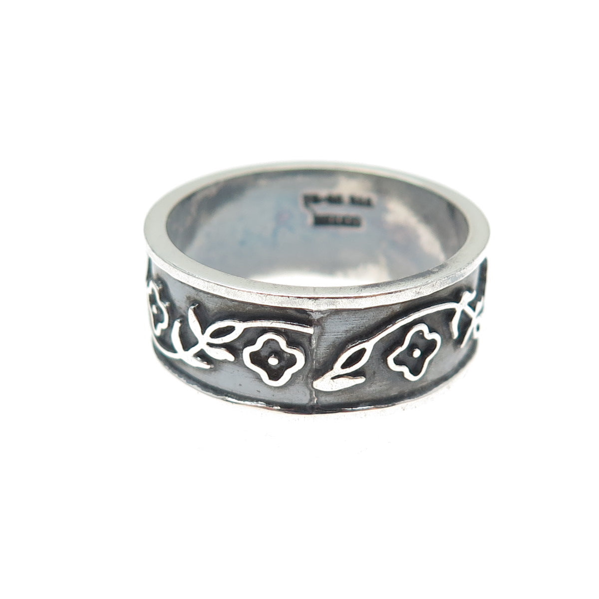 925 Sterling Silver Vintage Mexico Flower Oxidized Band Ring Size 11.25