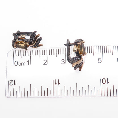 925 Sterling Silver Black Rhodium 2-Tone Vintage Real Citrine & C Z Earrings
