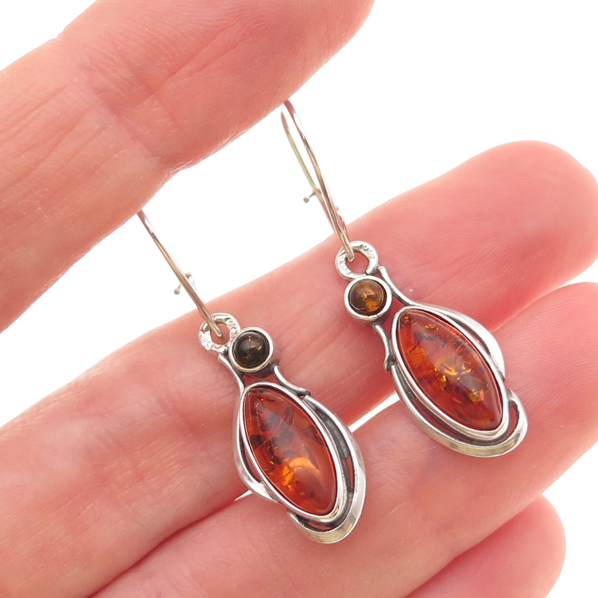 925 Sterling Silver Vintage Real Amber Modernist Dangle Earrings