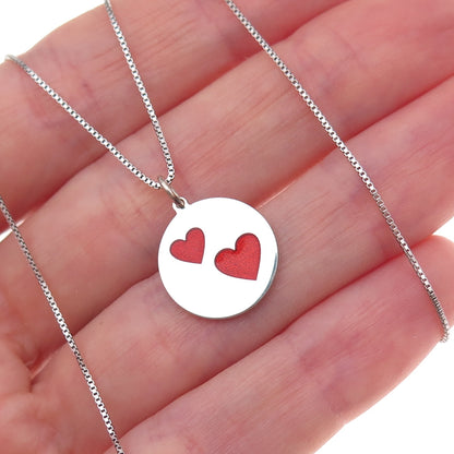 925 Sterling Silver Enamel Heart Couple Box Chain Necklace 18"