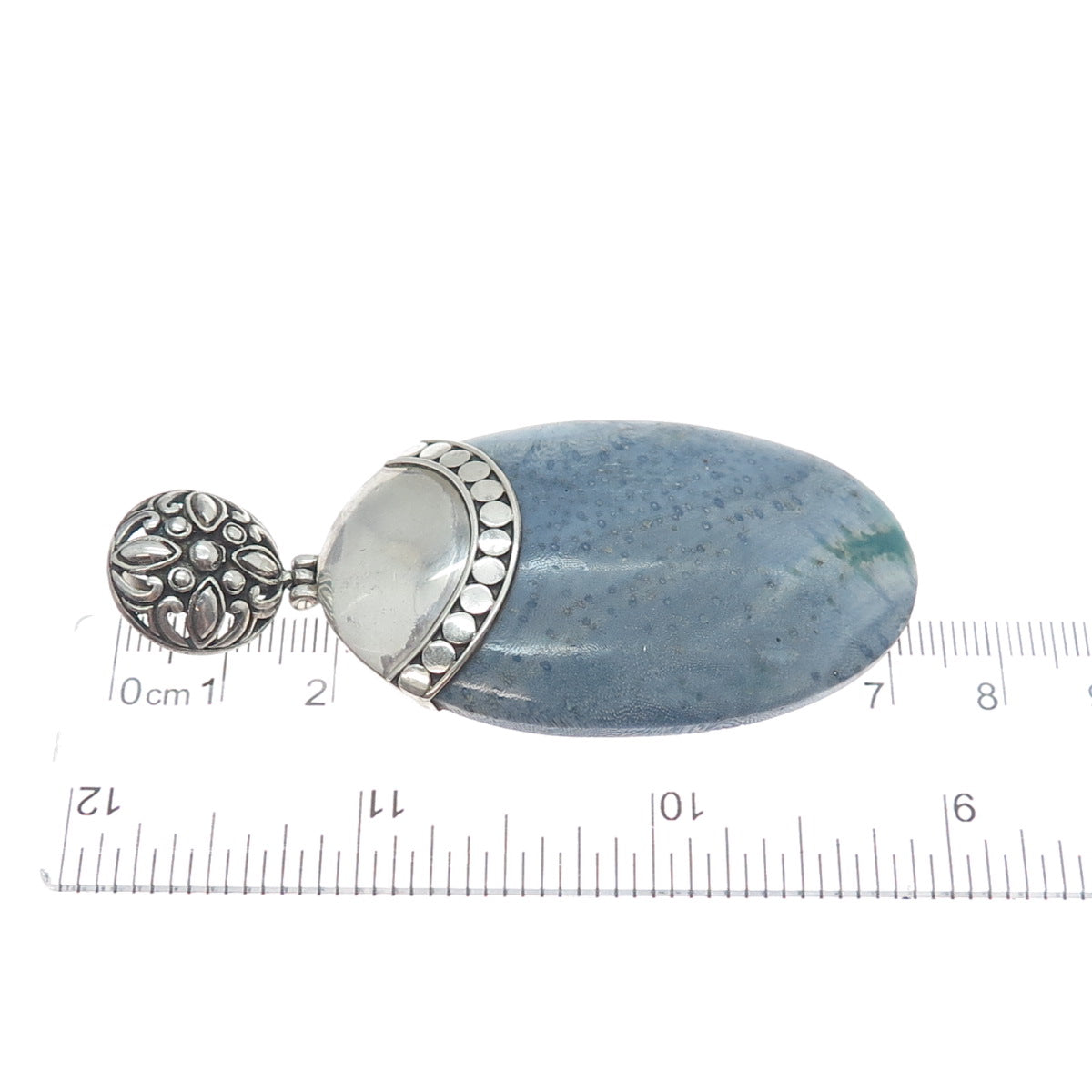 925 Sterling Silver Vintage Real Angelite Modernist Flower Pendant