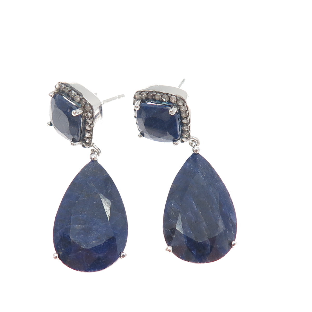 925 Sterling Silver Real Diamond & Sapphire Dangle Earrings