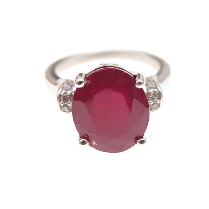 925 Sterling Silver Real Oval-Cut Ruby & Round-Cut White Topaz Ring Size 6