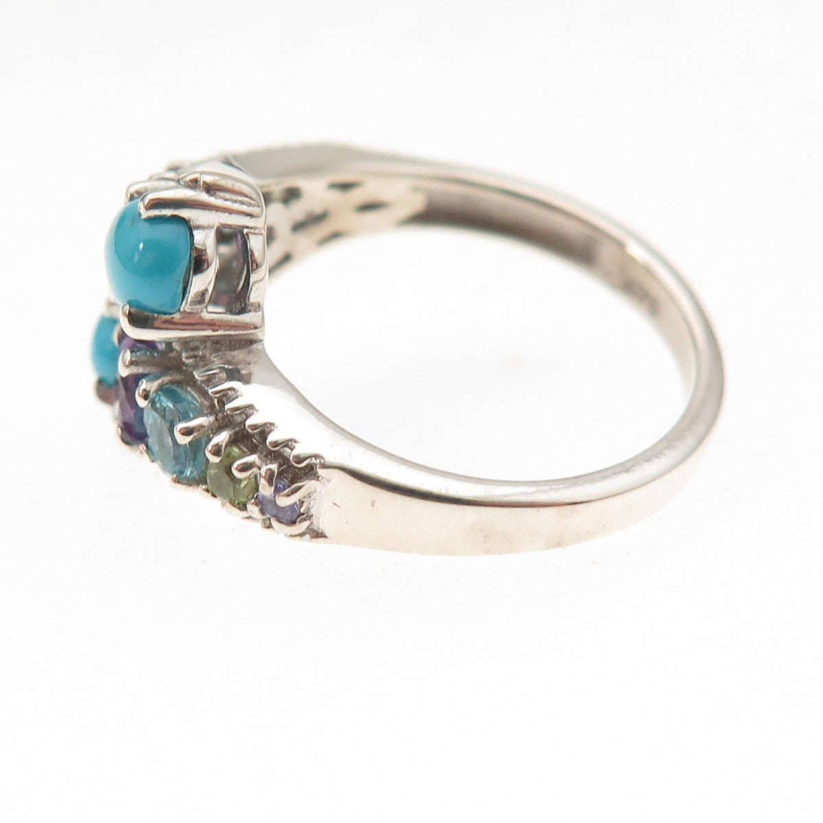 Chuck Clemency 925 Sterling Silver Real Turquoise & Multi-Gem Bypass Ring Size 6