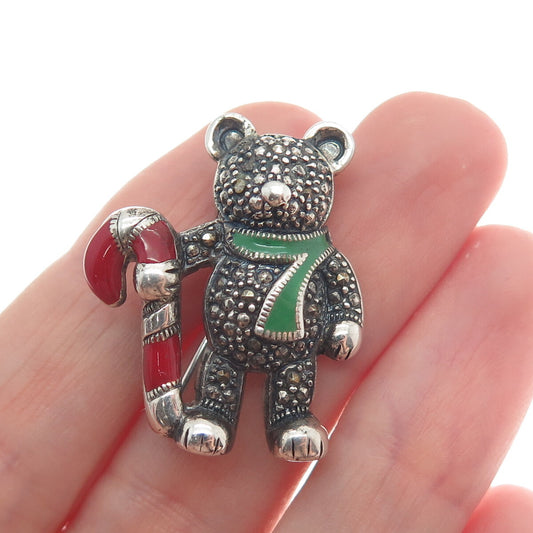 925 Sterling Silver Vintage Marcasite Gem & Enamel Bear w/ Candy Cane Pin Brooch