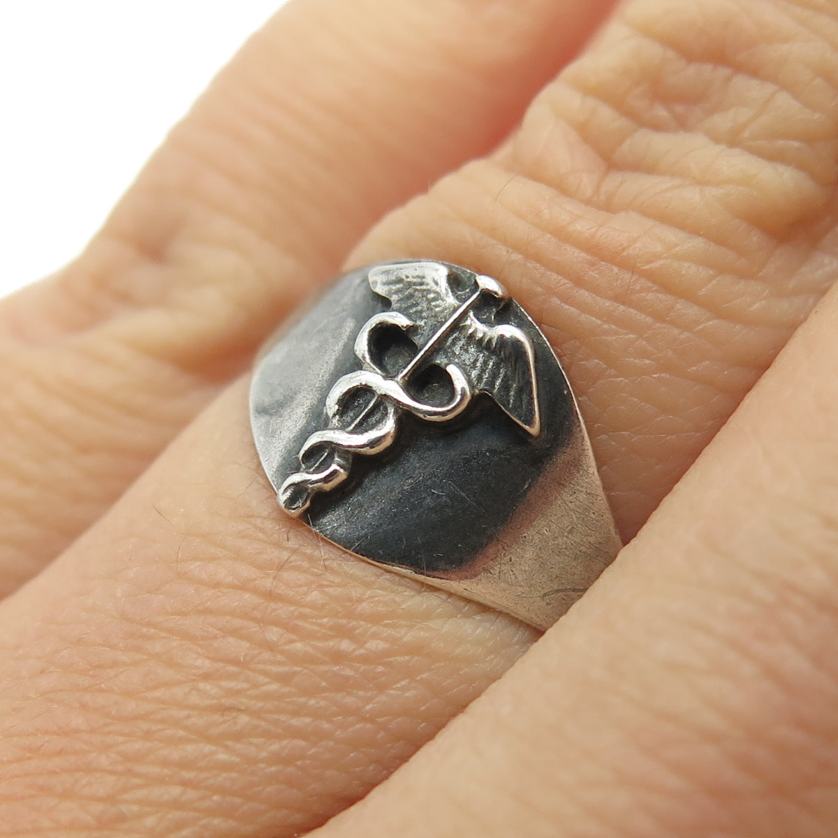 CHARLES M ROBBINS 925 Sterling Silver Vintage Caduceus Symbol Ring Size 7