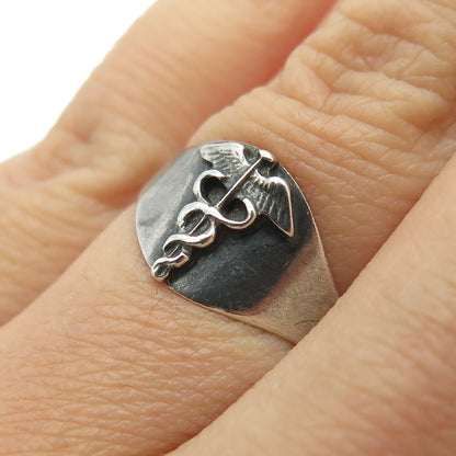 CHARLES M ROBBINS 925 Sterling Silver Vintage Caduceus Symbol Ring Size 7