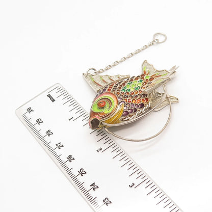 925 Sterling Silver Antique Enamel Articulated Chinese Koi Fish Chatelaine Fob