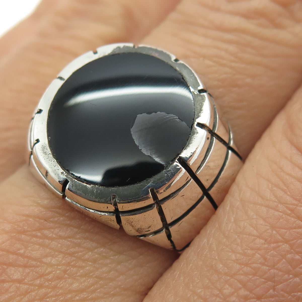 925 Sterling Silver Vintage Mexico Real Black Onyx Gem Checkered Ring Size 10.25