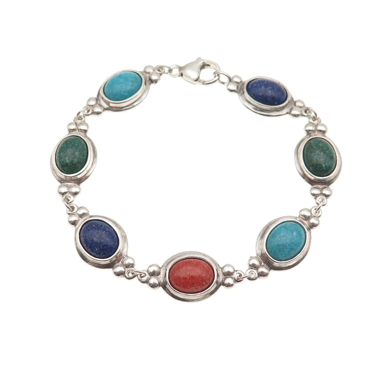 Coleman Co. 925 Sterling Silver Vintage Real Multi-Gem Inlay Bracelet 6.75"