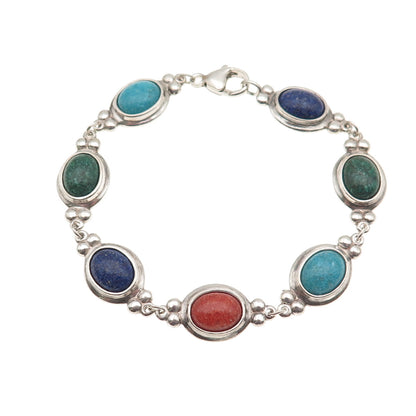 Coleman Co. 925 Sterling Silver Vintage Real Multi-Gem Inlay Bracelet 6.75"