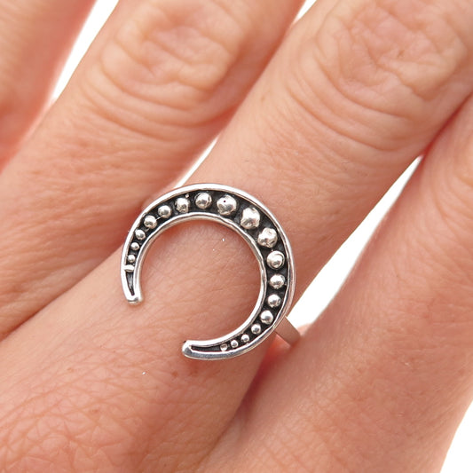 925 Sterling Silver Vintage Crescent Beaded Oxidized Ring Size 7