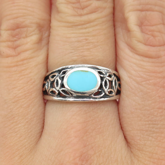 925 Sterling Silver Vintage Real Turquoise Floral Ring Size 7.75