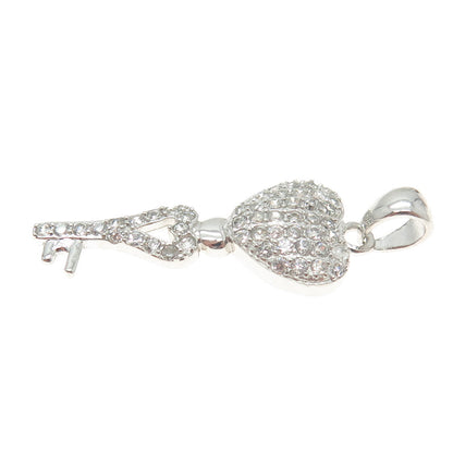 925 Sterling Silver Round-Cut Shaped C Z Heart & Key Pendant