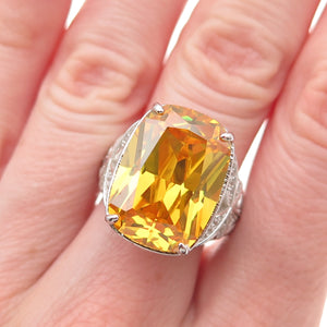 925 Sterling Silver Radiant-Cut Canary & Round-Cut White C Z Ring Size 7.5