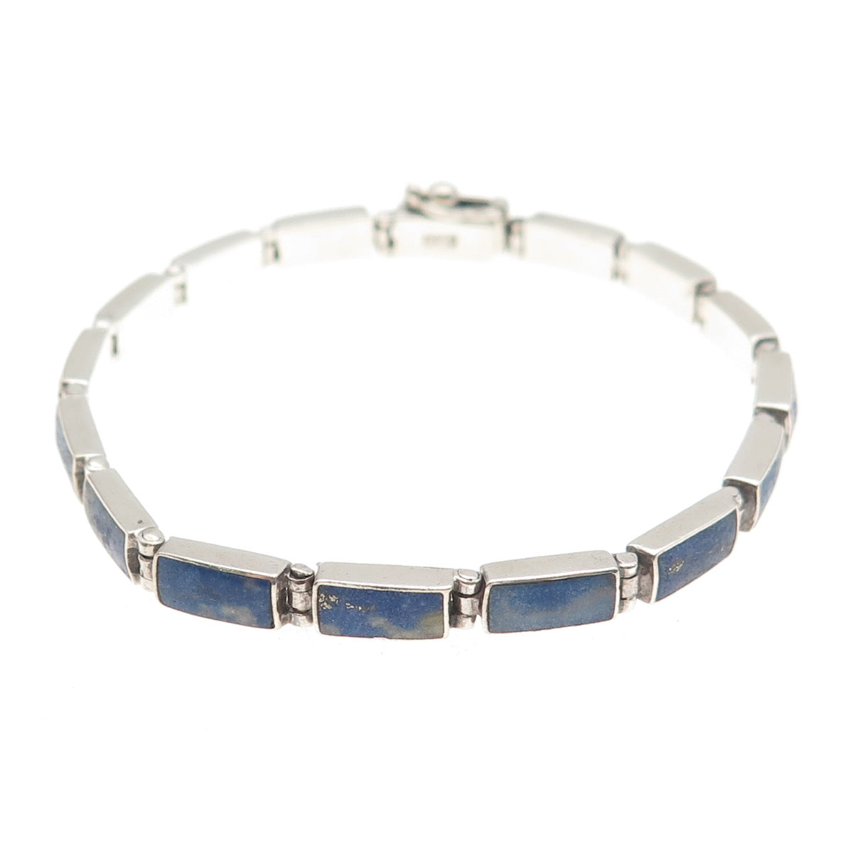 950 Silver Vintage Real Lapis Lazuli Bar Panel Link Bracelet 7"